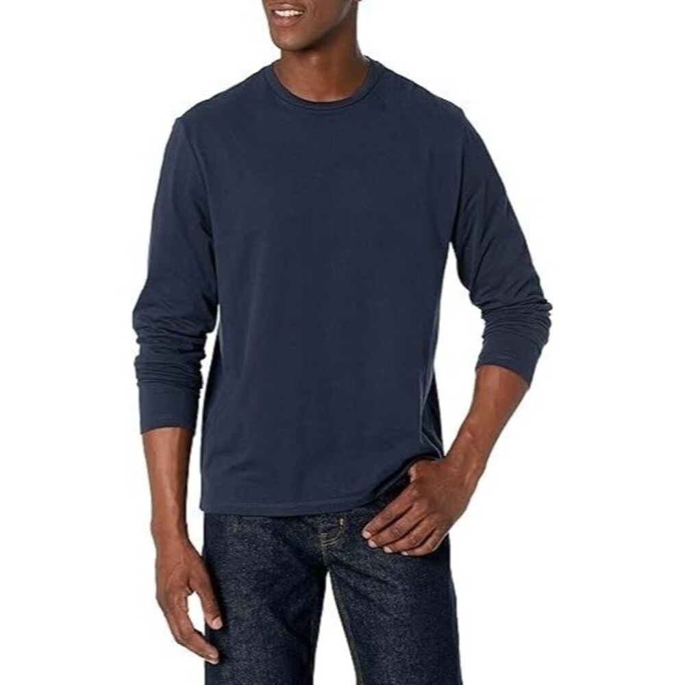 Amazon Essentials Men's Crew Neck T-Shirts SMALL Navy Blue Cotton Long Sleeve